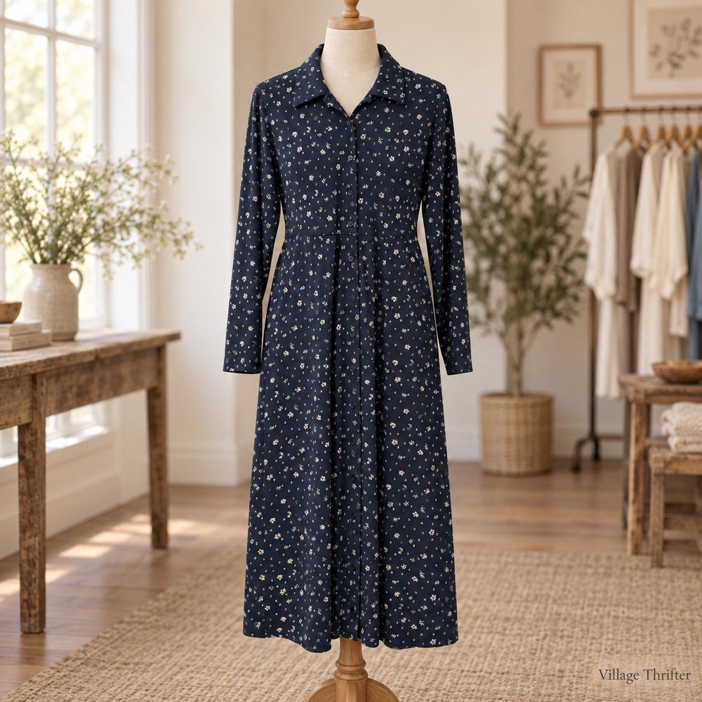 Eddie Bauer Shirt Dress Women M Navy Floral Cotton Country Dark Academia Vintage